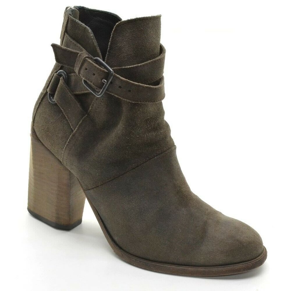 LD Tuttle Taupe Suede Cross Strap Buckle Bootie 38